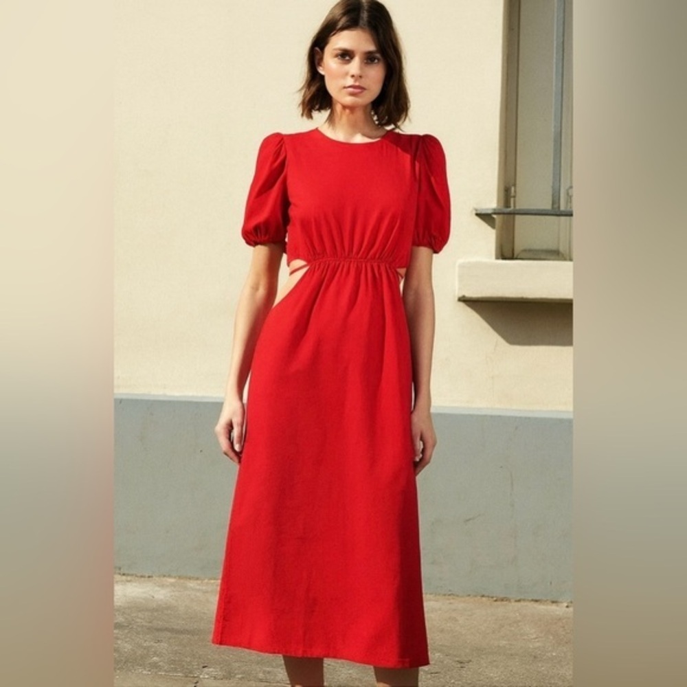 Zara Red Poplin Puff Sleeve  tie back dress XS